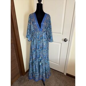 Zury Silk Paisley Boho Maxi Dress Free Size Cottage Core Beach Resort